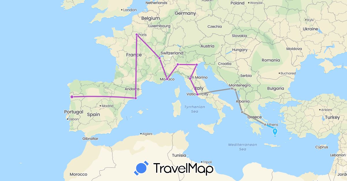 TravelMap itinerary: driving, plane, train, boat in Switzerland, Spain, France, Greece, Croatia, Italy, Monaco, Montenegro, Portugal (Europe)